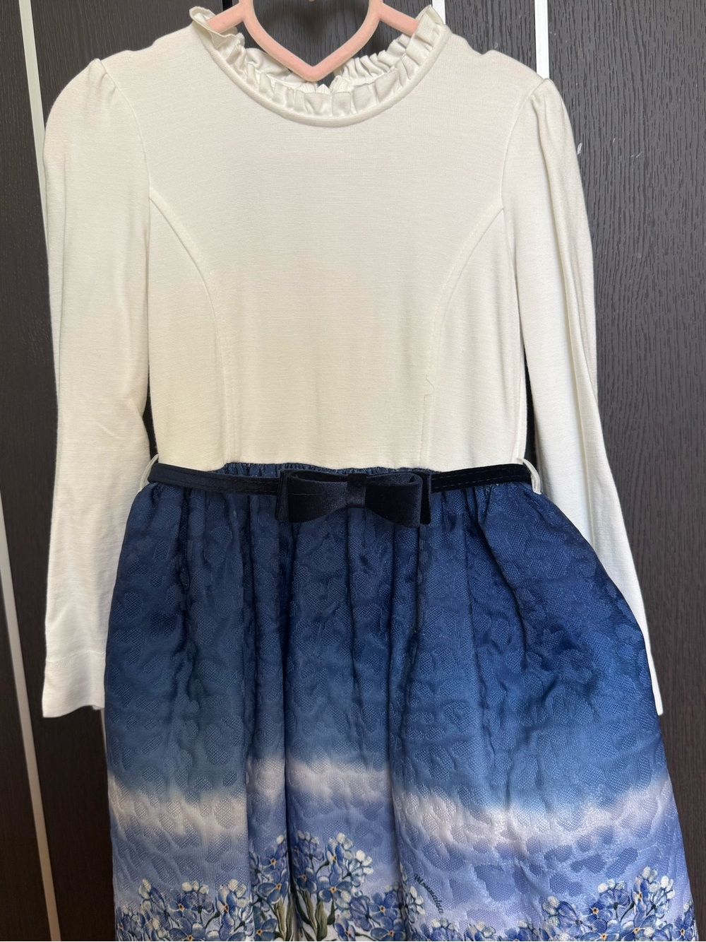 Monnalisa White Top with Navy Floral Ombre Skirt Dress
